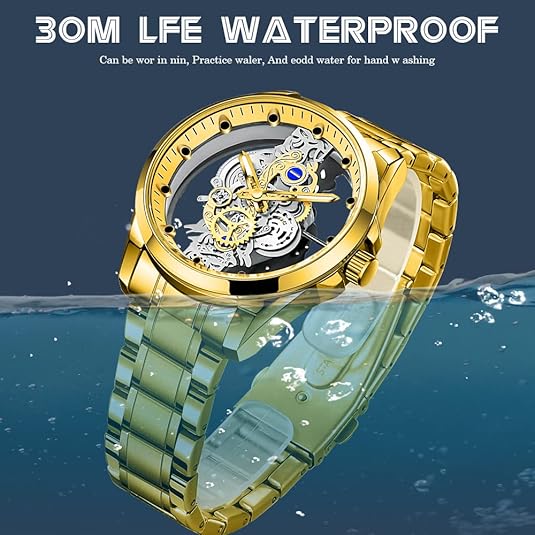Gold & Gold Quartz Watch - Transparent Skeleton Dial - Stainless Steel - 30m Waterproof