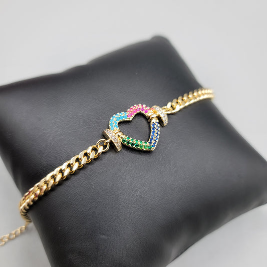 BRAZALETE CORAZON MULTICOLOR GOLD PLATED BRACELET W/MULTICOLOR CZ HEART 7-8.5" ADJUSTABLE