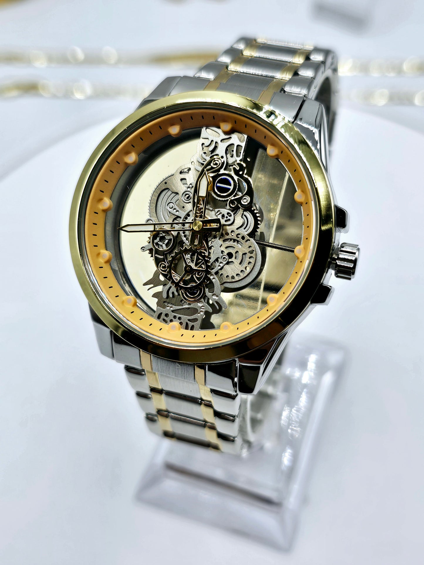 Gold & Silver Quartz Watch - Transparent Skeleton Dial - Stainless Steel - 30m Waterproof