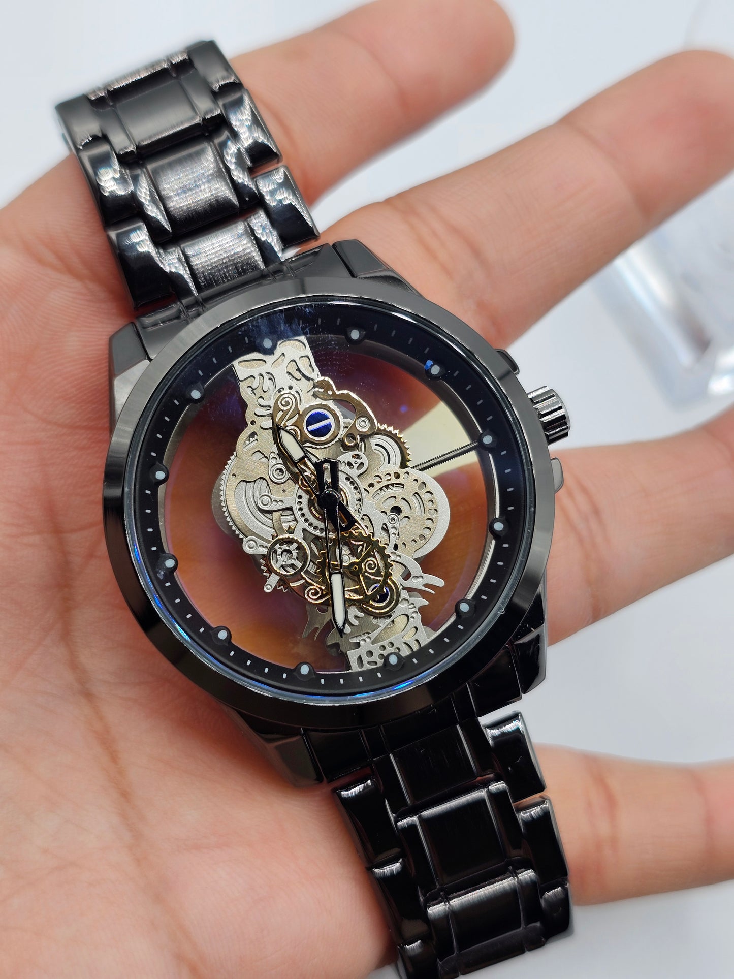 Black & Black Quartz Watch - Transparent Skeleton Dial - Stainless Steel - 30m Waterproof