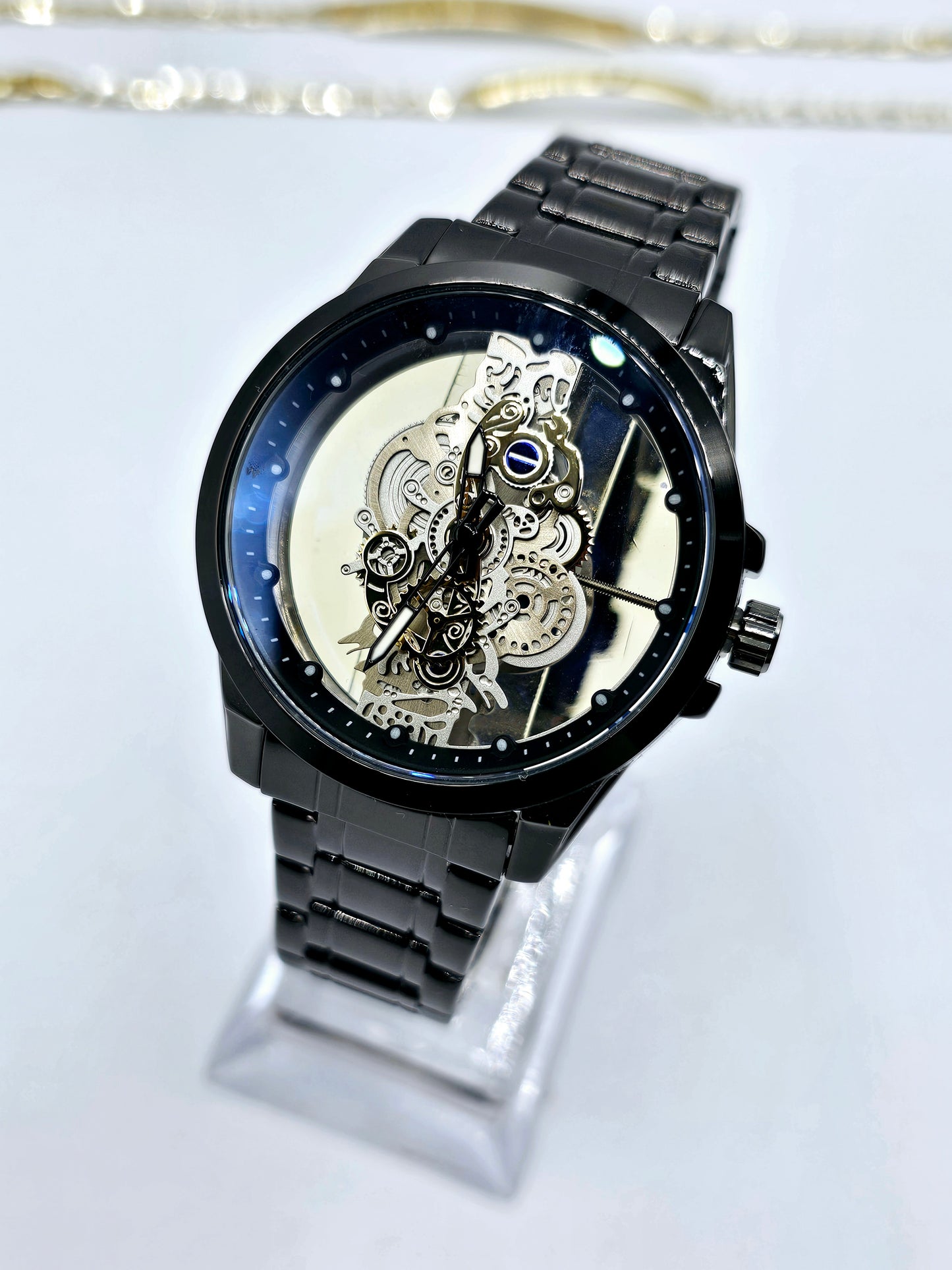 Black & Black Quartz Watch - Transparent Skeleton Dial - Stainless Steel - 30m Waterproof