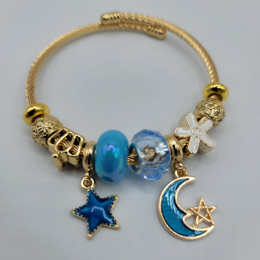 SS Pulsera Inspirada en Pandora Dorada - Luna y Estrella